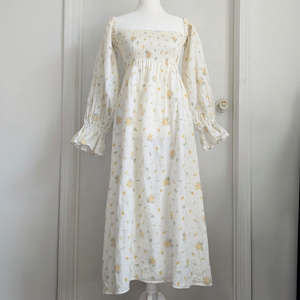 Sleeper Atlanta Smocked Midi Dress Floral Print Linen Size Medium Like New